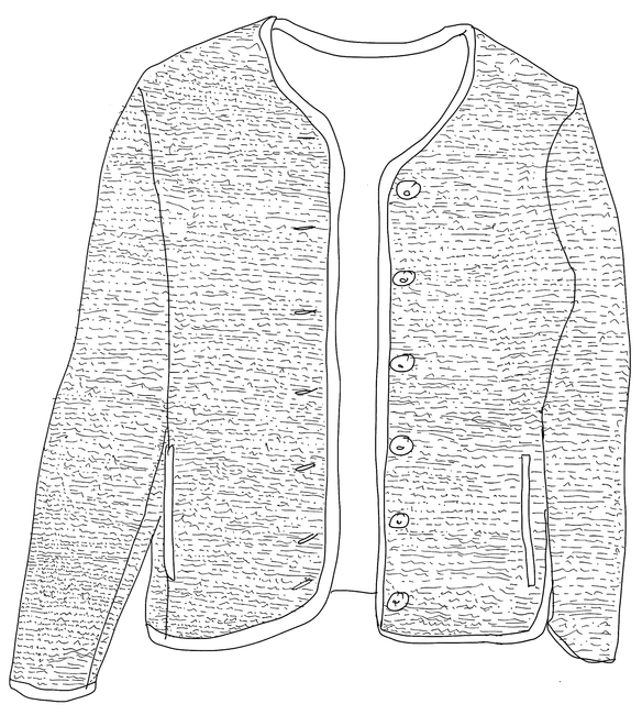 Handgezeichnete Skizze einer Strickjacke aus Wolle mit Knopfleiste und Seitentaschen